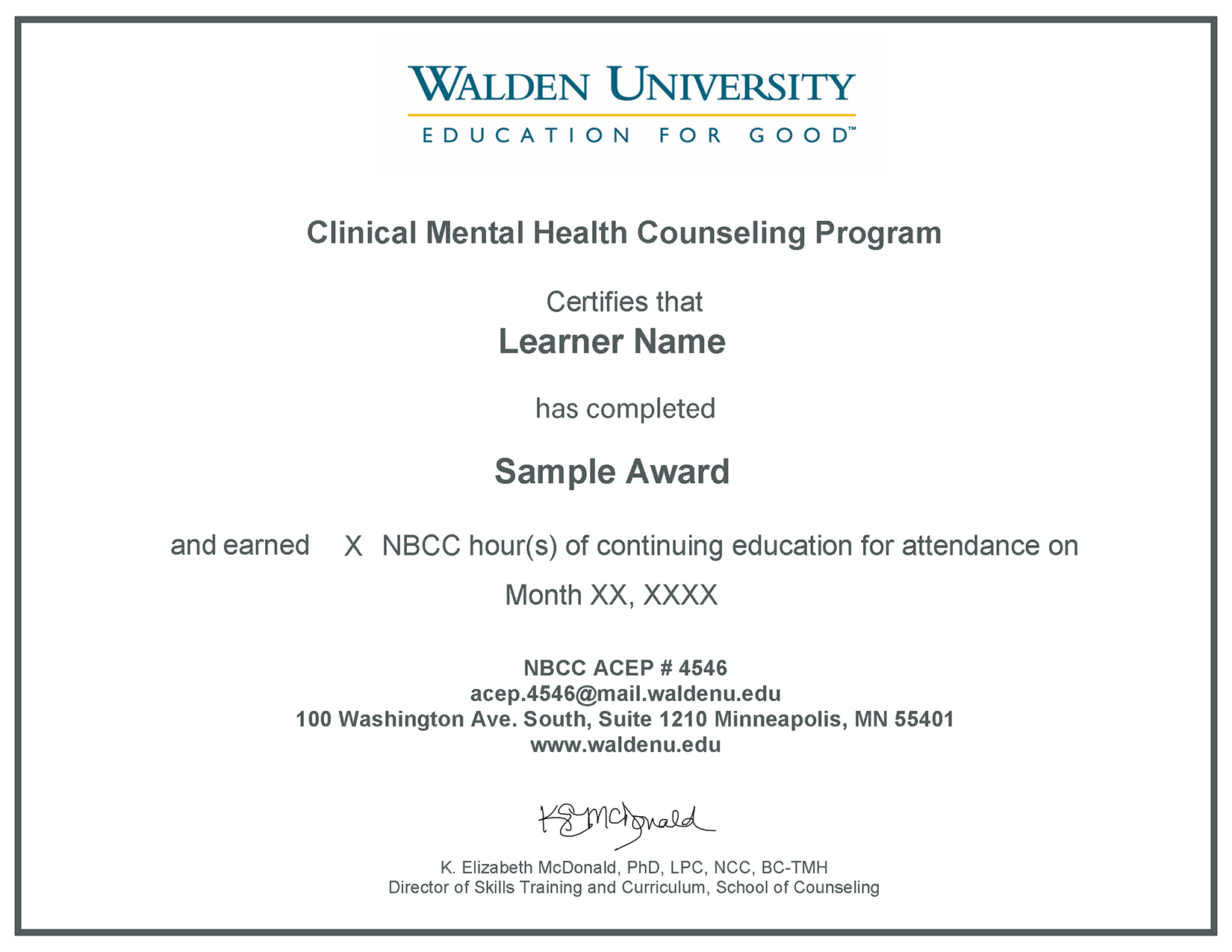 NBCC NBCC Certificate for Clock Hours