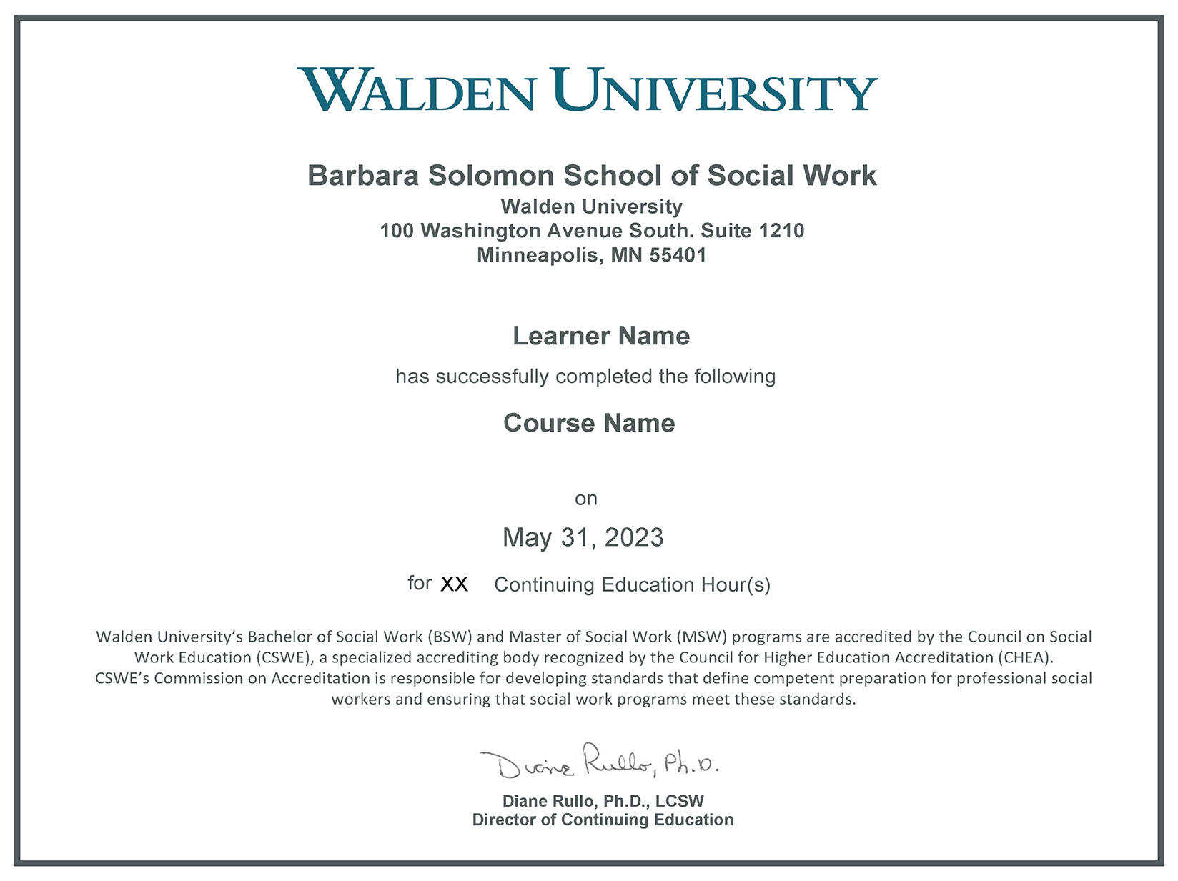 Certificate Certificate for Continuing Education Hours