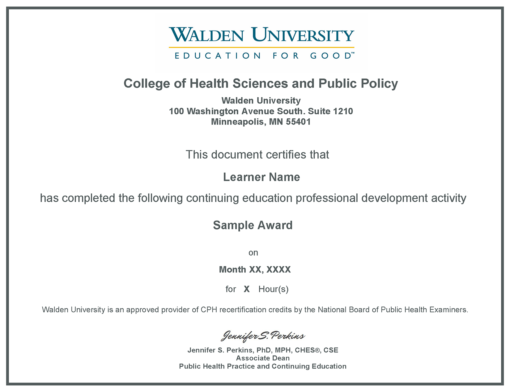 CPH Certificate for CE Hours